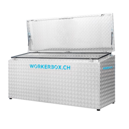 Workerbox Alu-strié  WOBO120CS,
couvercle biaise, ouverture vers le haut, dimensions extérieurs en mm:
B=1200, T=670, H1=850, H2=750,
capacité de charge 270 kg,
poids 39 kg
