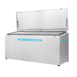Workerbox Alu-Riffelblech WOBO120CS,
Deckel schräg, nach oben öffnend, Aussenabmessungen in mm:
B=1200, T=670, H1=850, H2=750,
Nutzlast 270 Kg, Gewicht 39 Kg